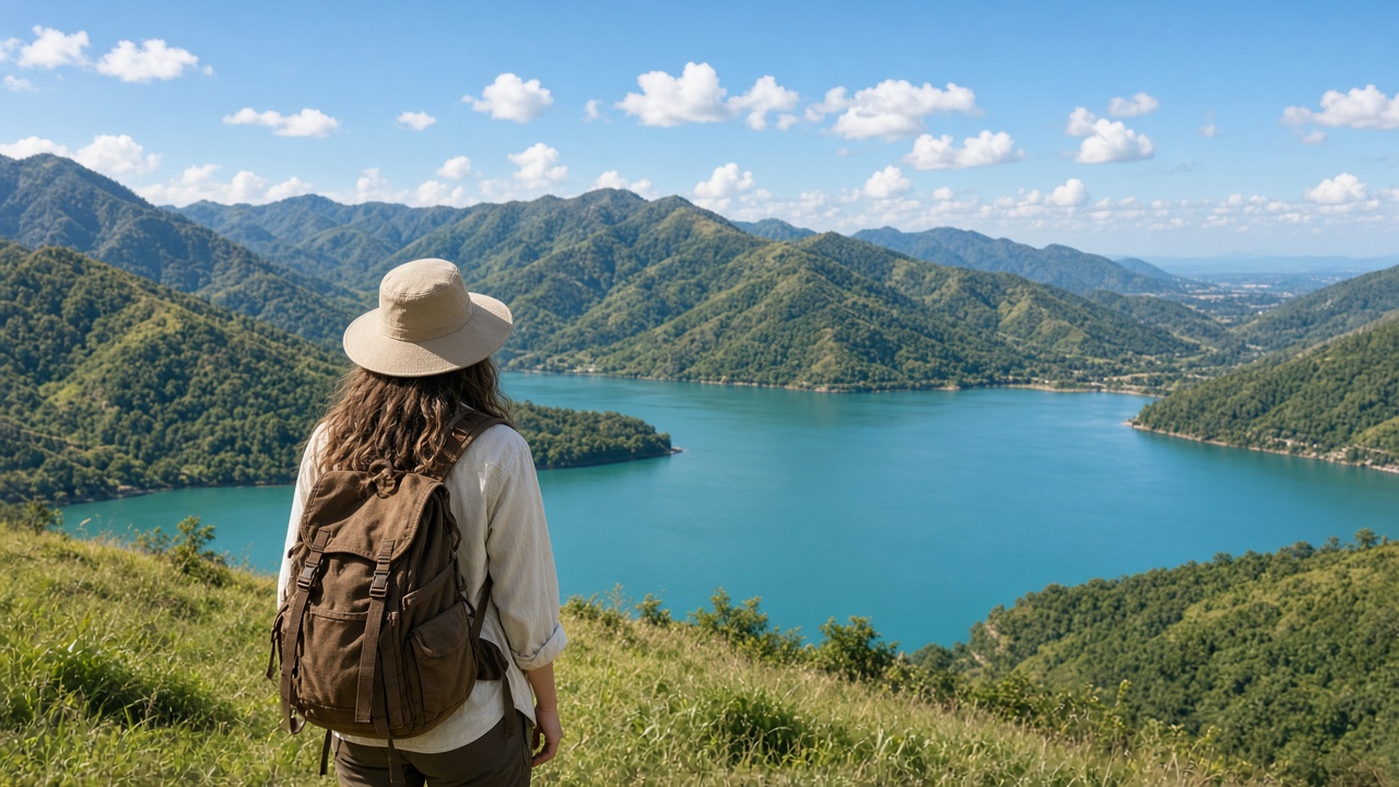 Traveler looking over a mountain lake