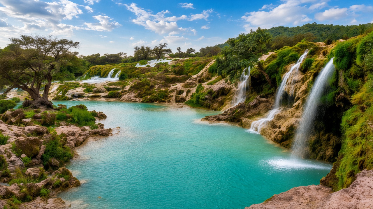Turquoise pools and waterfalls in Oman